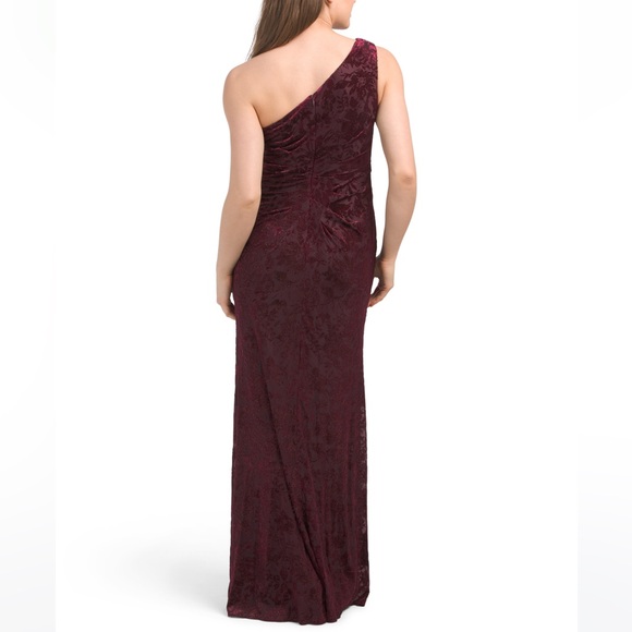 ADRIANNA PAPELL Burgundy One Shoulder Velvet Burnout Gown - Picture 10 of 11
